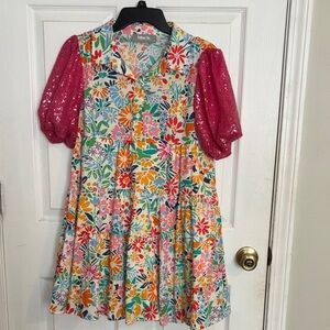 blue b. Floral Mini Dress with Pink Sleeves